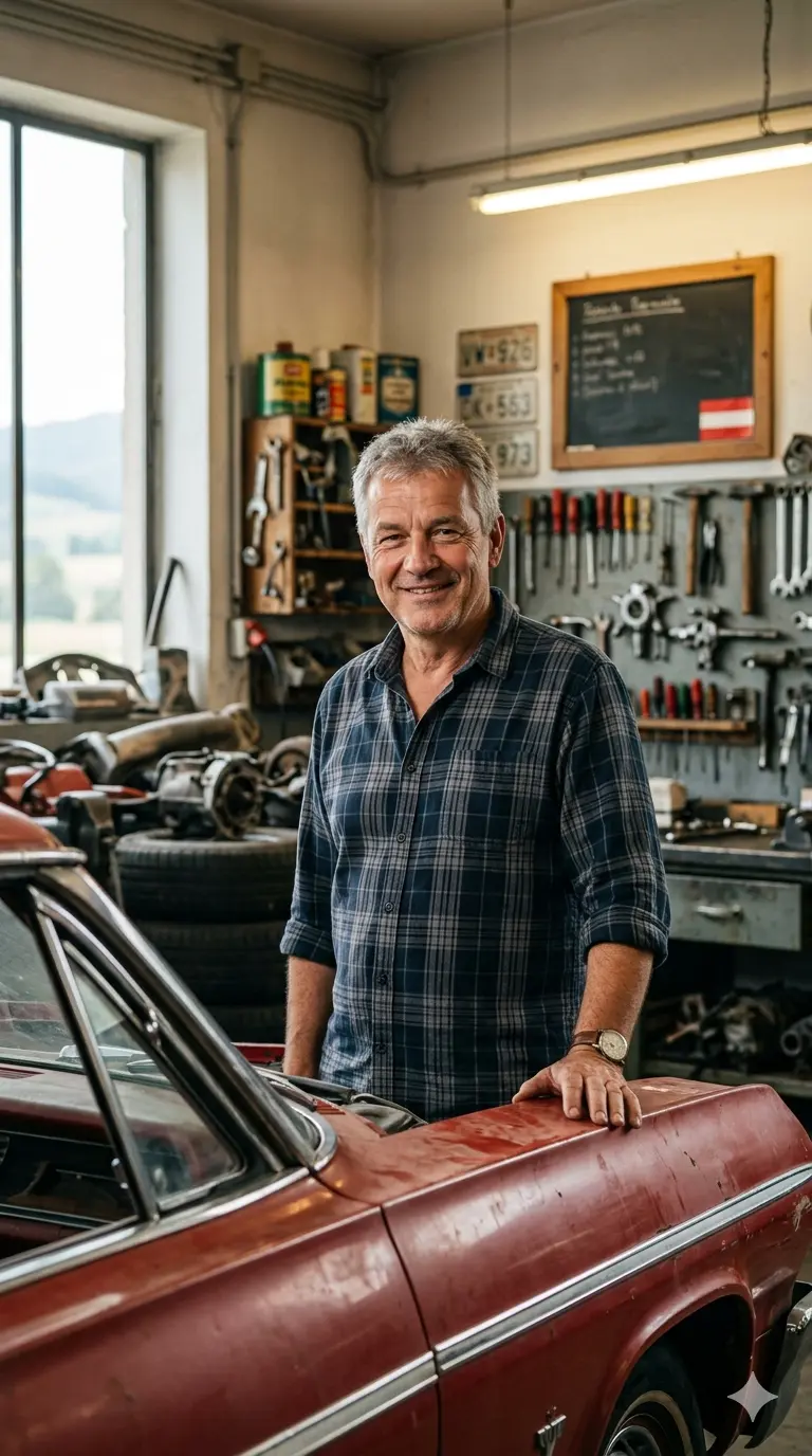 Franz Huber mérnök a műhelyben egy Oldsmobile mellett